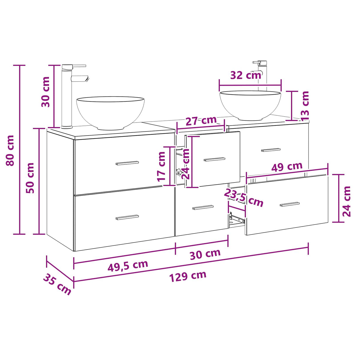 Bathroom Cabinet Set 3 pcs Sonoma Oak 129 x 35 x 80 cm