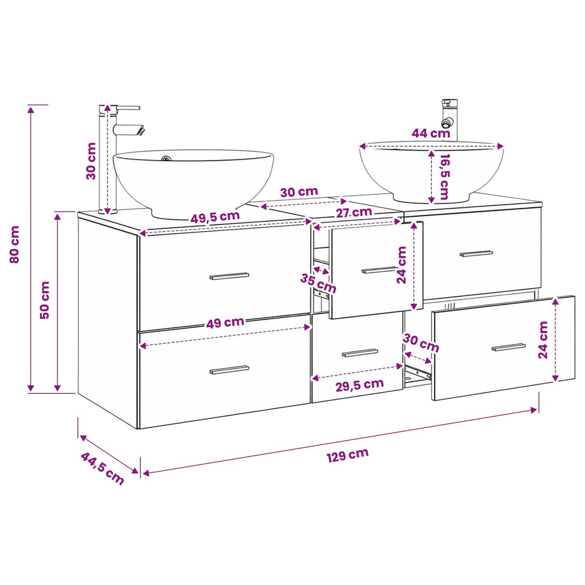 Bathroom Furniture Set 3 pcs White 129 x 44.5 x 80 cm