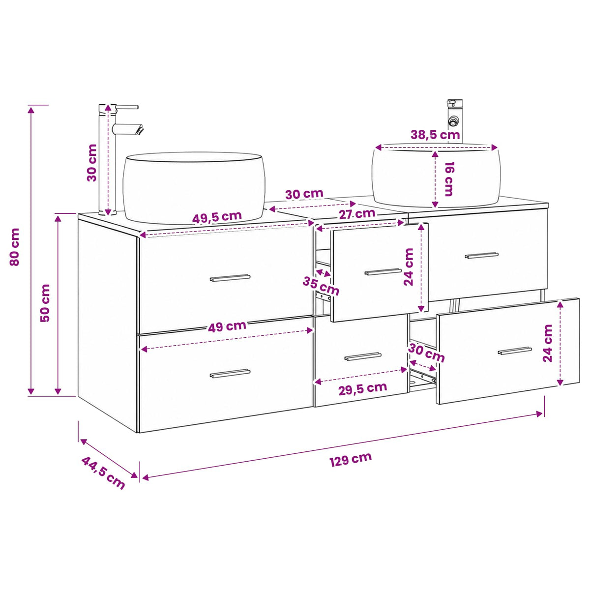 Bathroom Furniture Set 3 pcs White 129 x 44.5 x 80 cm