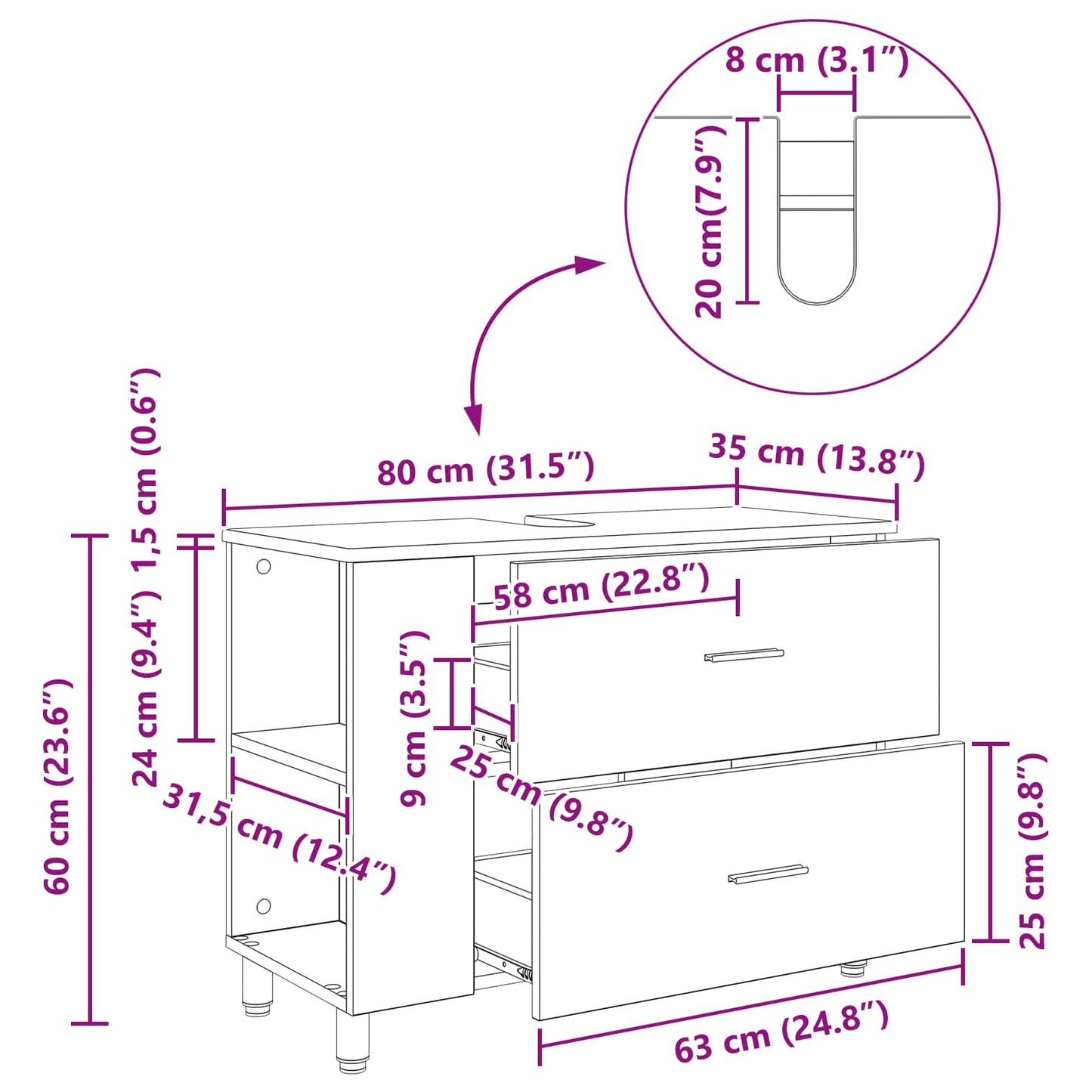 Bathroom Vanity Unit Grey Sonoma 80 x 35 x 60 cm