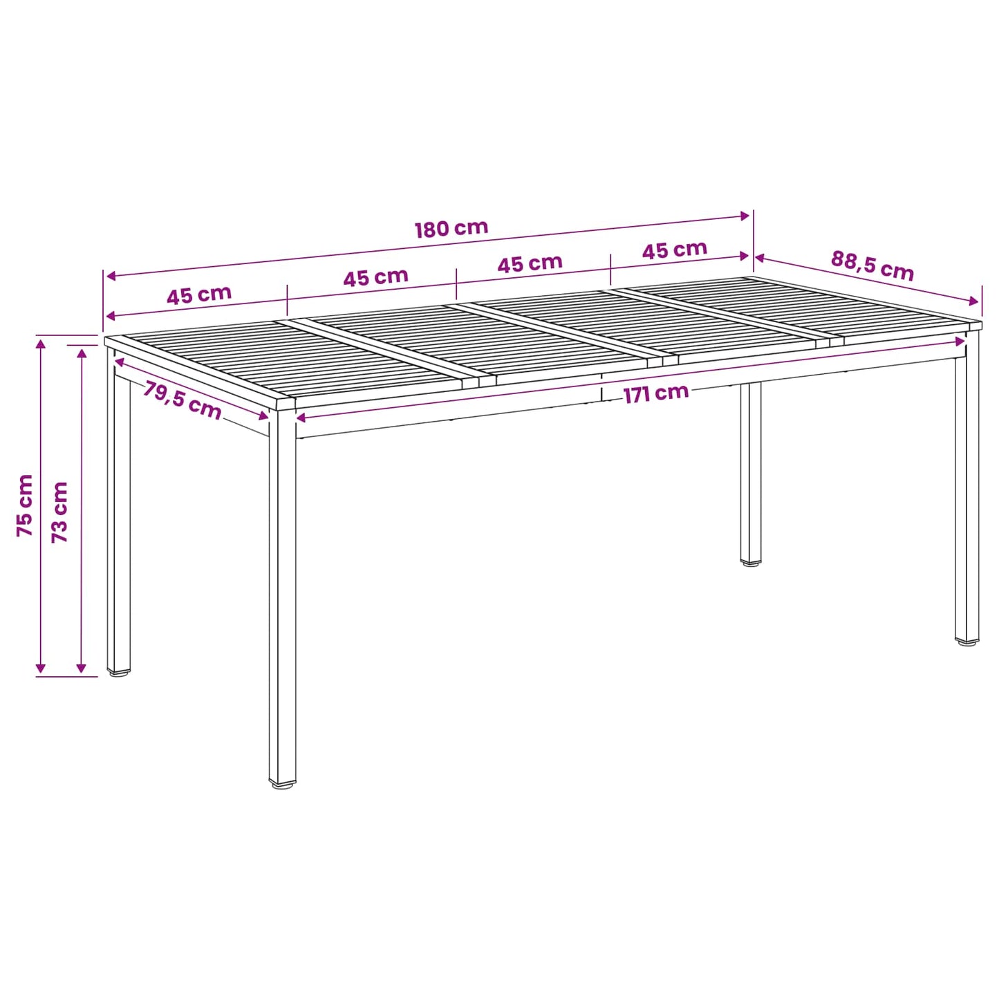 Garden Dinner Table White and Black 180 x 88.5 x 75 cm