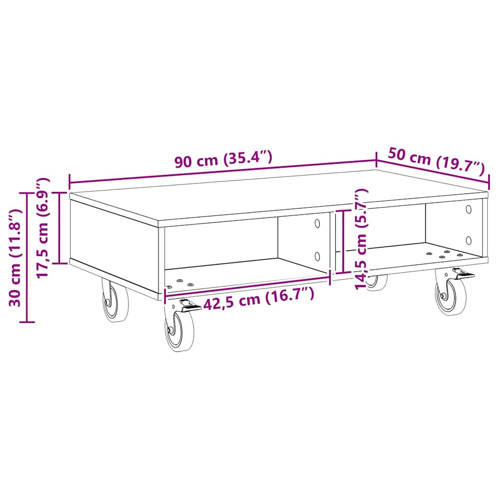 Side Table with Wheels Grey Sonoma 90 x 50 x 30 cm