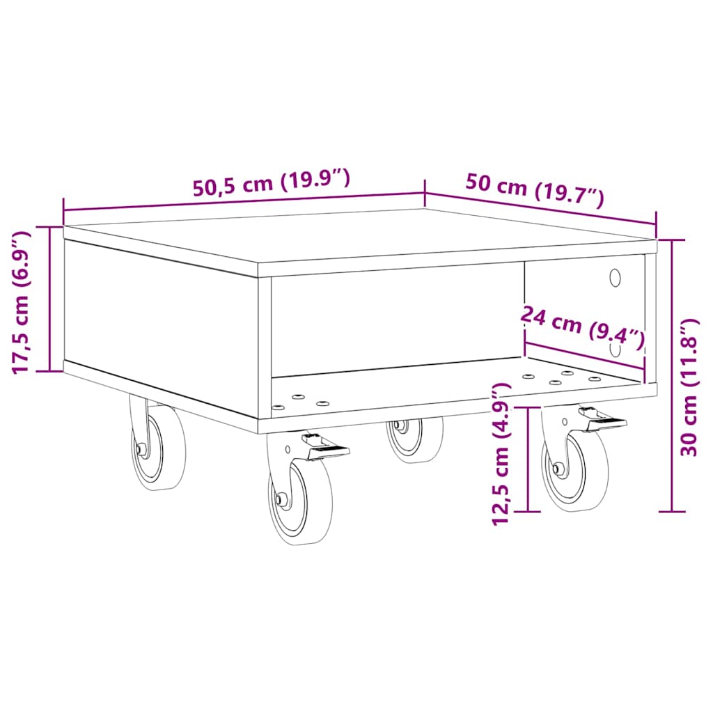 Side Table with Wheels Black Oak 50.5 x 50 x 30 cm