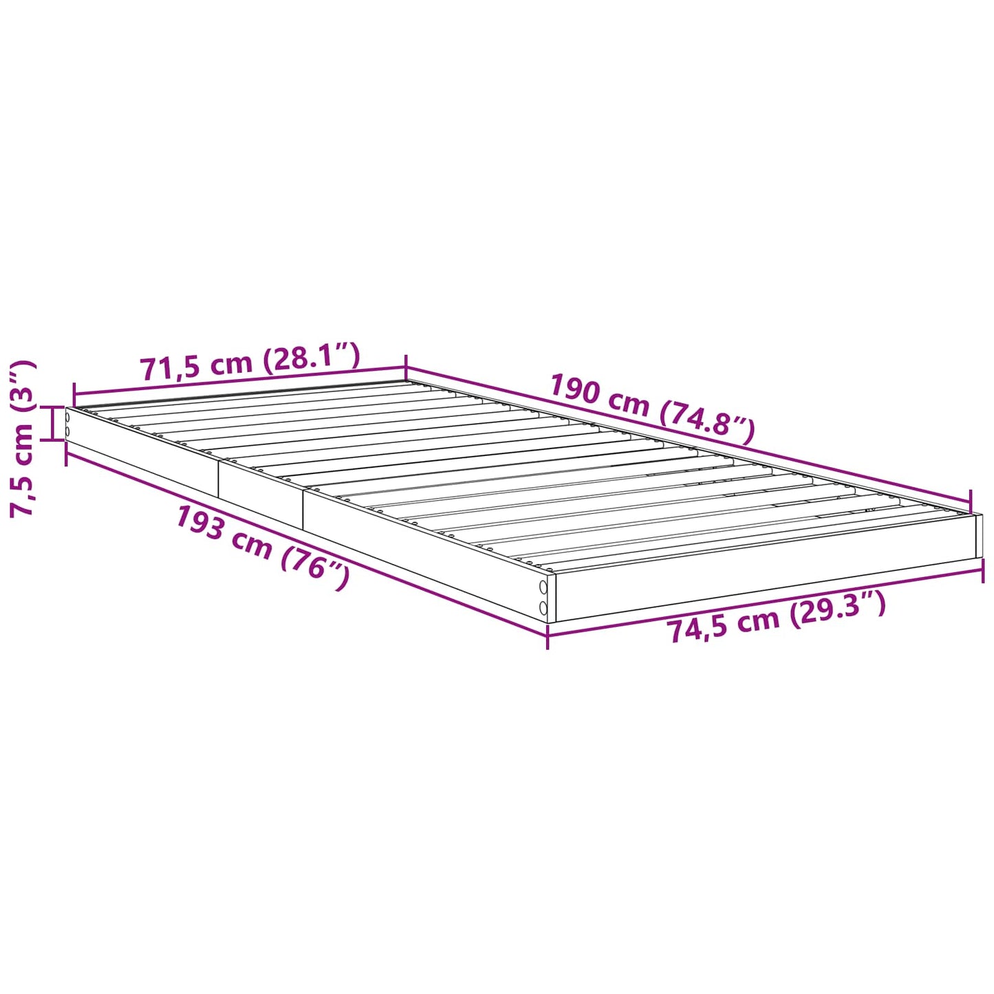 Floor Bed Frame Old Wood 75 x 190 cm Engineered Wood
