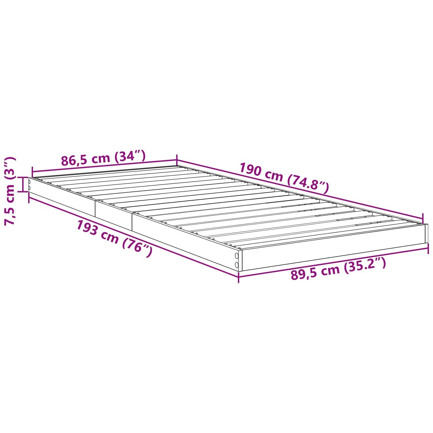 Floor Bed Frame Old Wood 90 x 190 cm Engineered Wood