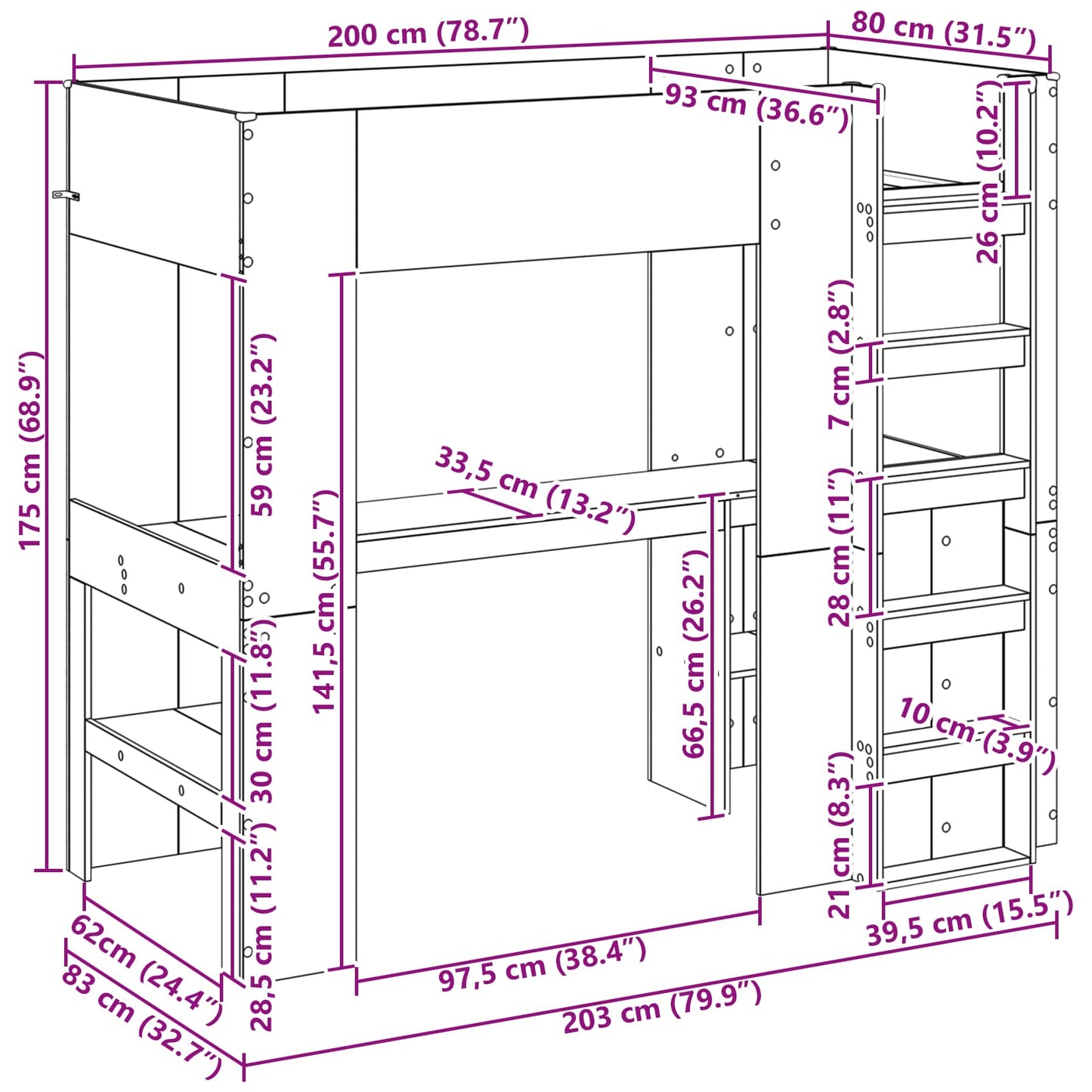 Loft Bed Frame with Desk Black Oak 80 x 200 cm Engineered Wood