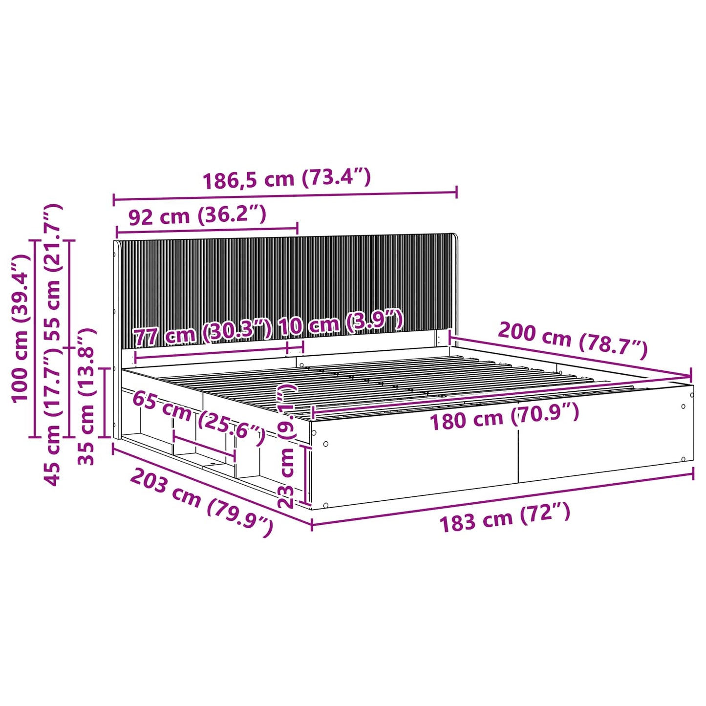 Bed Frame with Storage and Headboard Grey Sonoma 180 x 200 cm