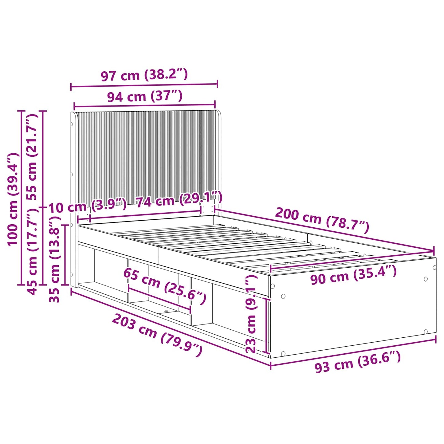 Bed Frame with Storage and Headboard Artisan Oak 90 x 200 cm