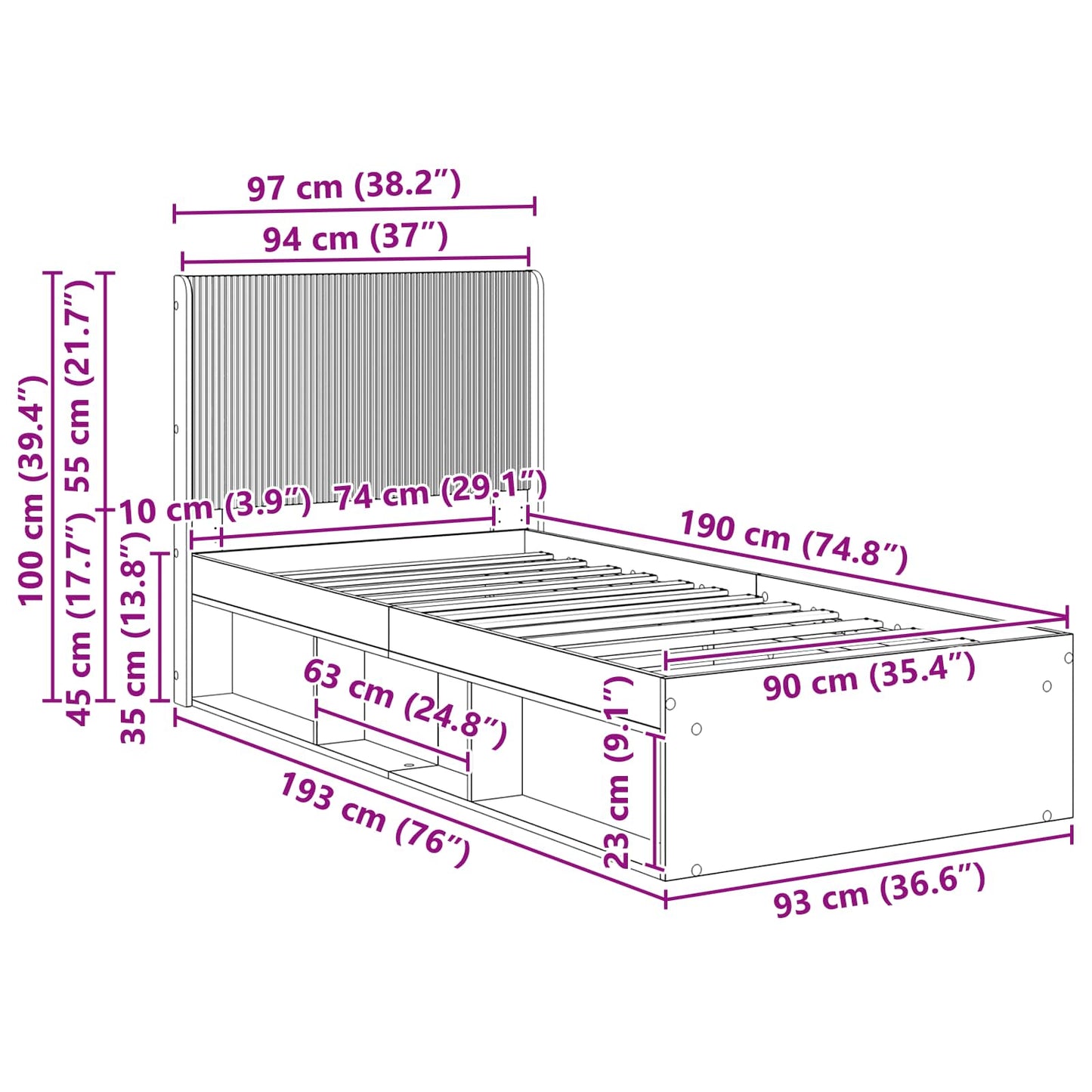 Bed Frame with Storage and Headboard White 90 x 190 cm