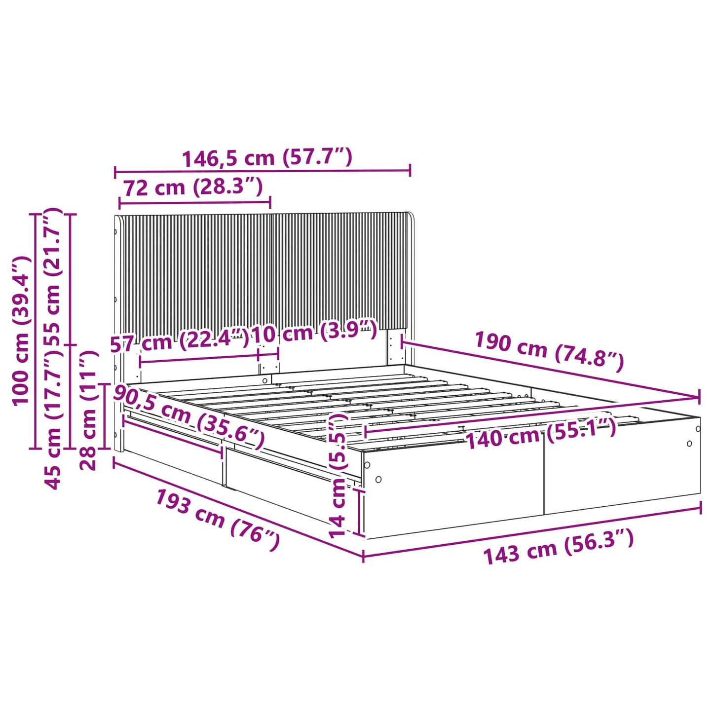 Bed Frame with Storage and Headboard 3 pcs Engineered Wood
