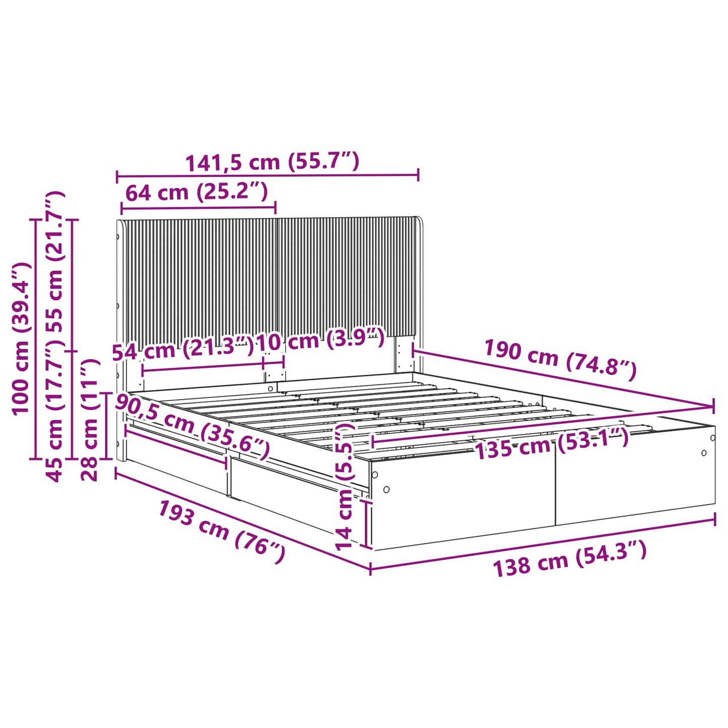 Bed Frame with Storage and Headboard Sonoma Oak 135 x 190 cm