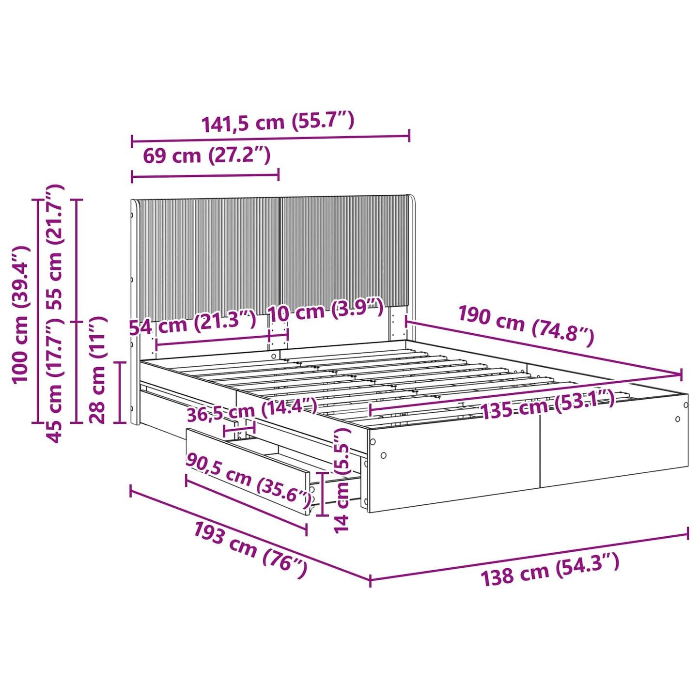 Bed Frame with Storage and Headboard Smoked Oak 135 x 190 cm
