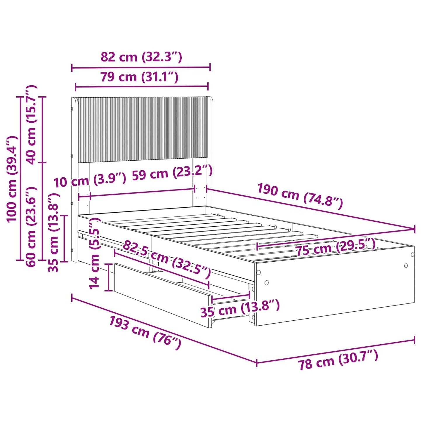 Bed Frame with Storage and Headboard Black 75 x 190 cm
