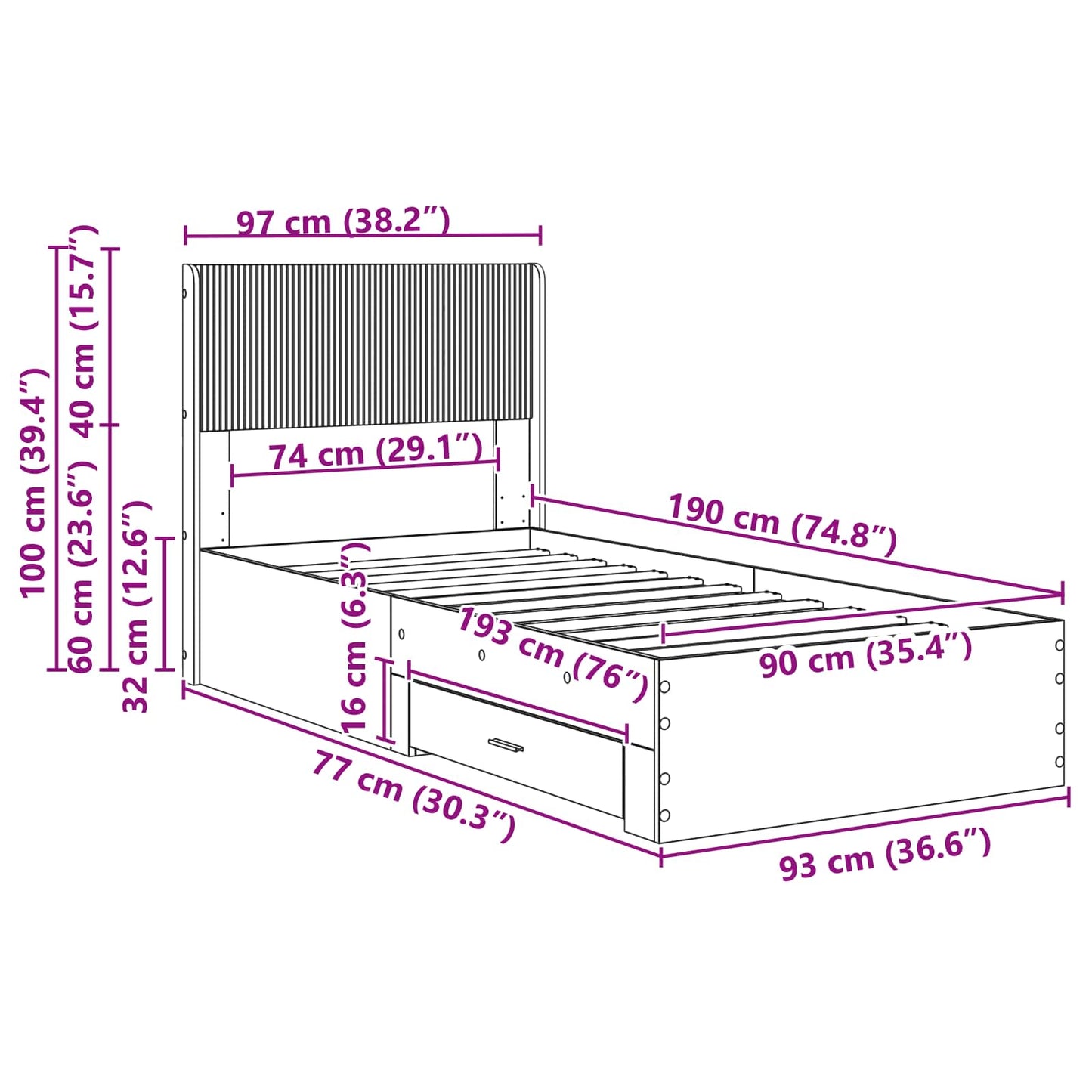 Bed Frame with Storage and Headboard Concrete Grey 90 x 190 cm