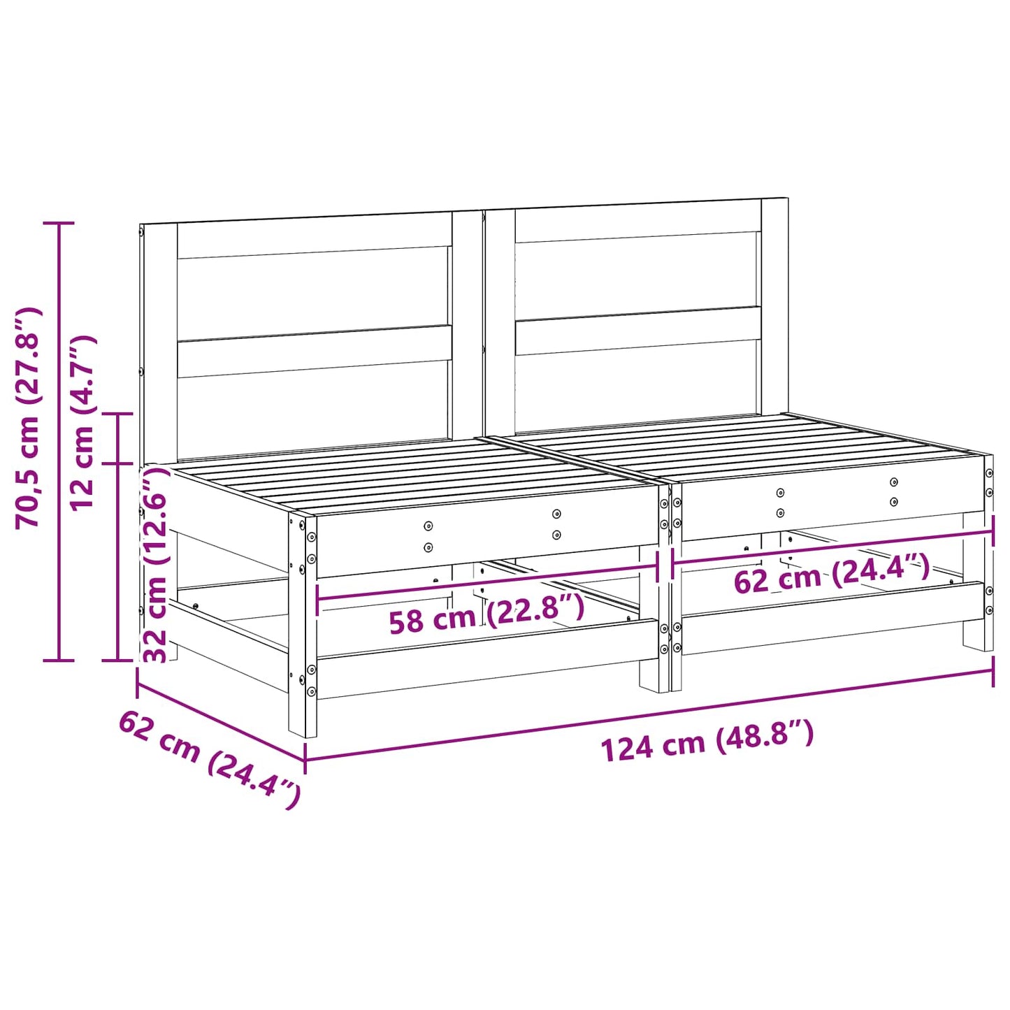 Garden Middle Sofa Solid Pine Wood Wax Brown 124 x 62 x 70.5 cm