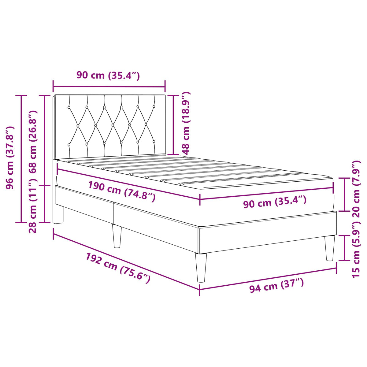 Bed Frame with Mattress Black 90 x 190 cm Velvet