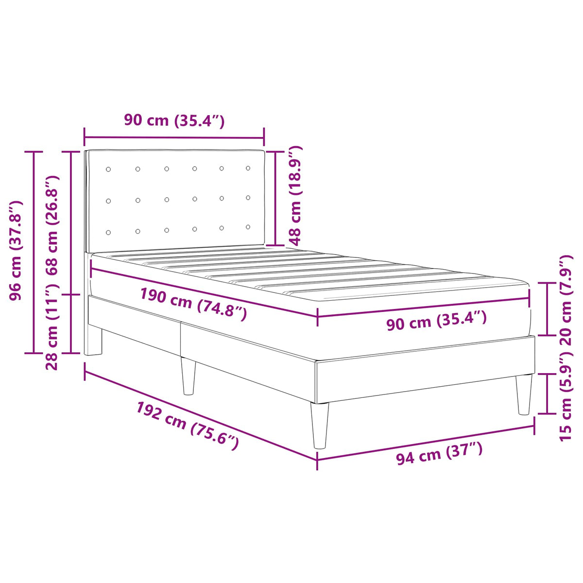 Bed Frame with Mattress Black 90 x 190 cm Fabric