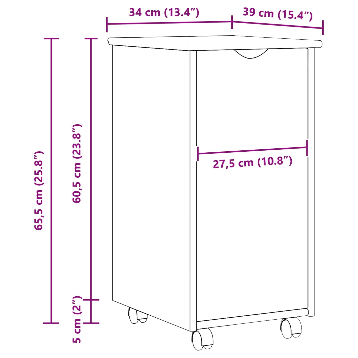 Rolling Cabinet Grey 34 x 39 x 65.5 cm Solid Pine Wood