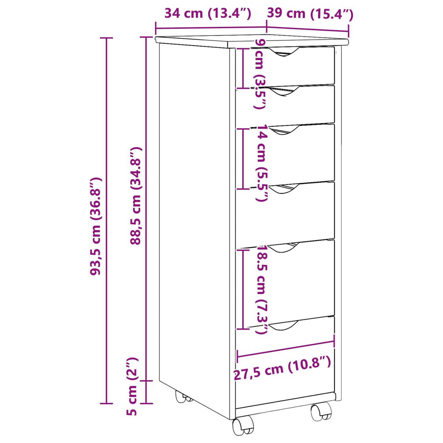 Rolling Cabinet Grey 34 x 39 x 93.5 cm Solid Pine Wood