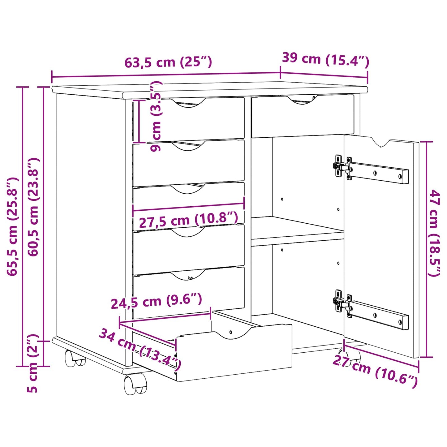 Rolling Cabinet Honey Brown 63.5 x 39 x 65.5 cm Solid Pine Wood