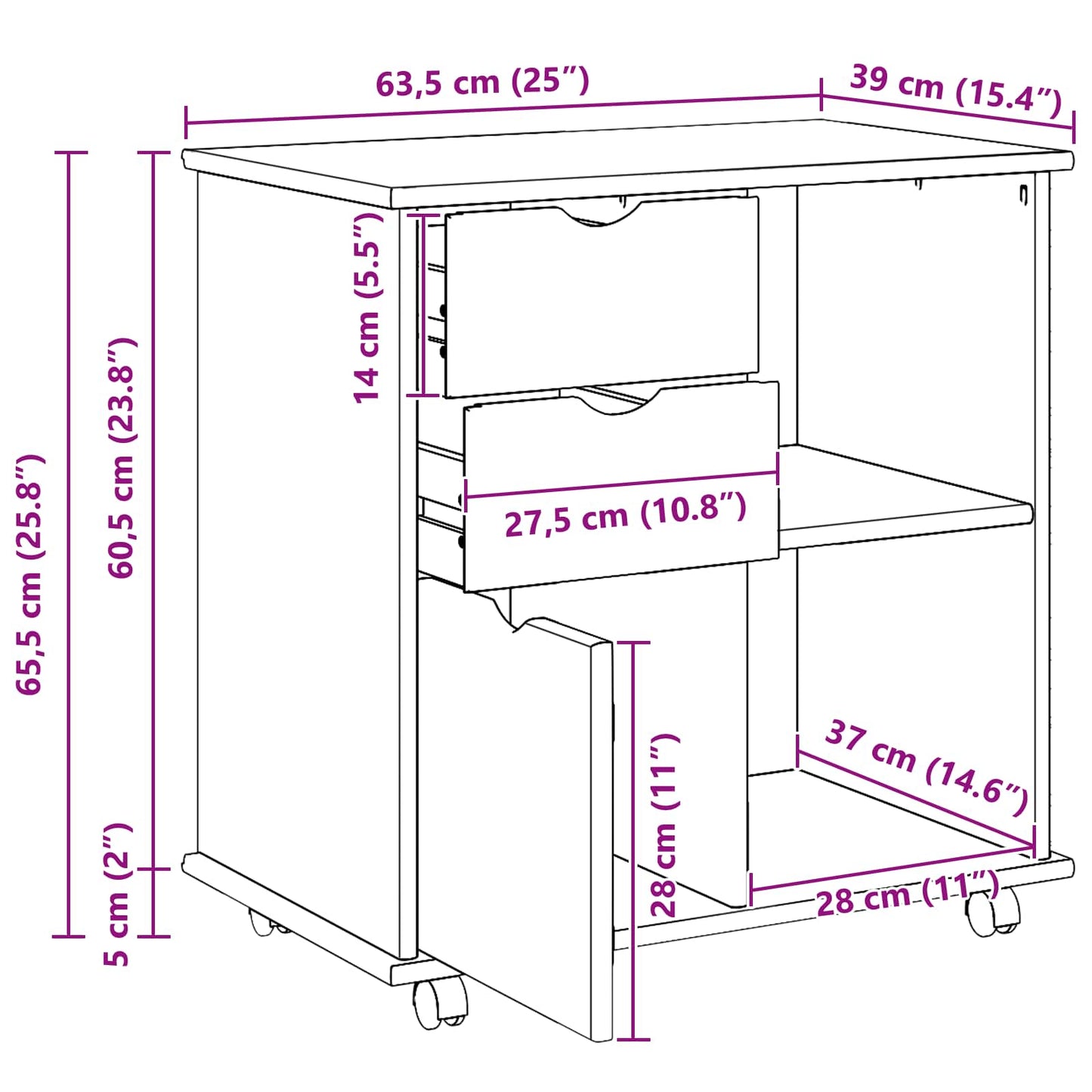 Rolling Cabinet White 63.5 x 39 x 65.5 cm Solid Pine Wood