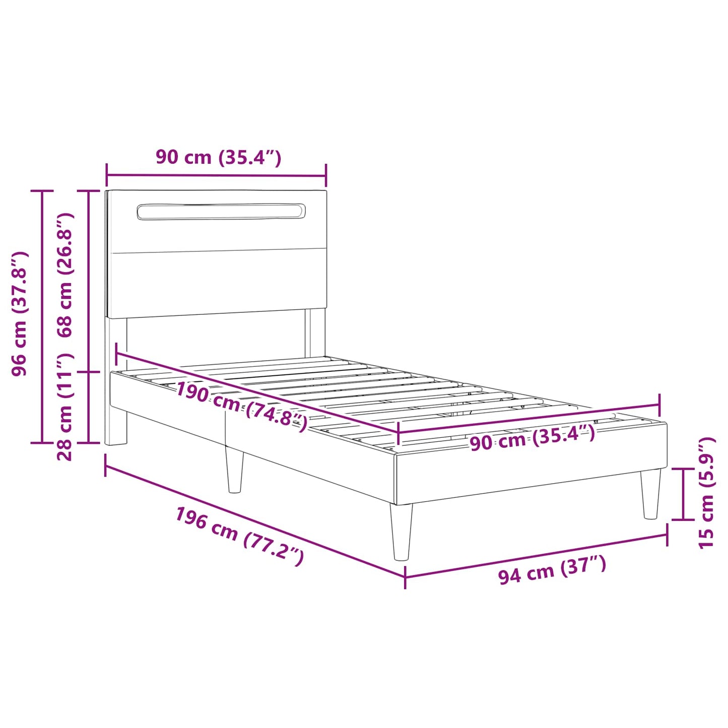 Bed Frame with LED Strip Lights Grey 90 x 190 cm Faux Leather