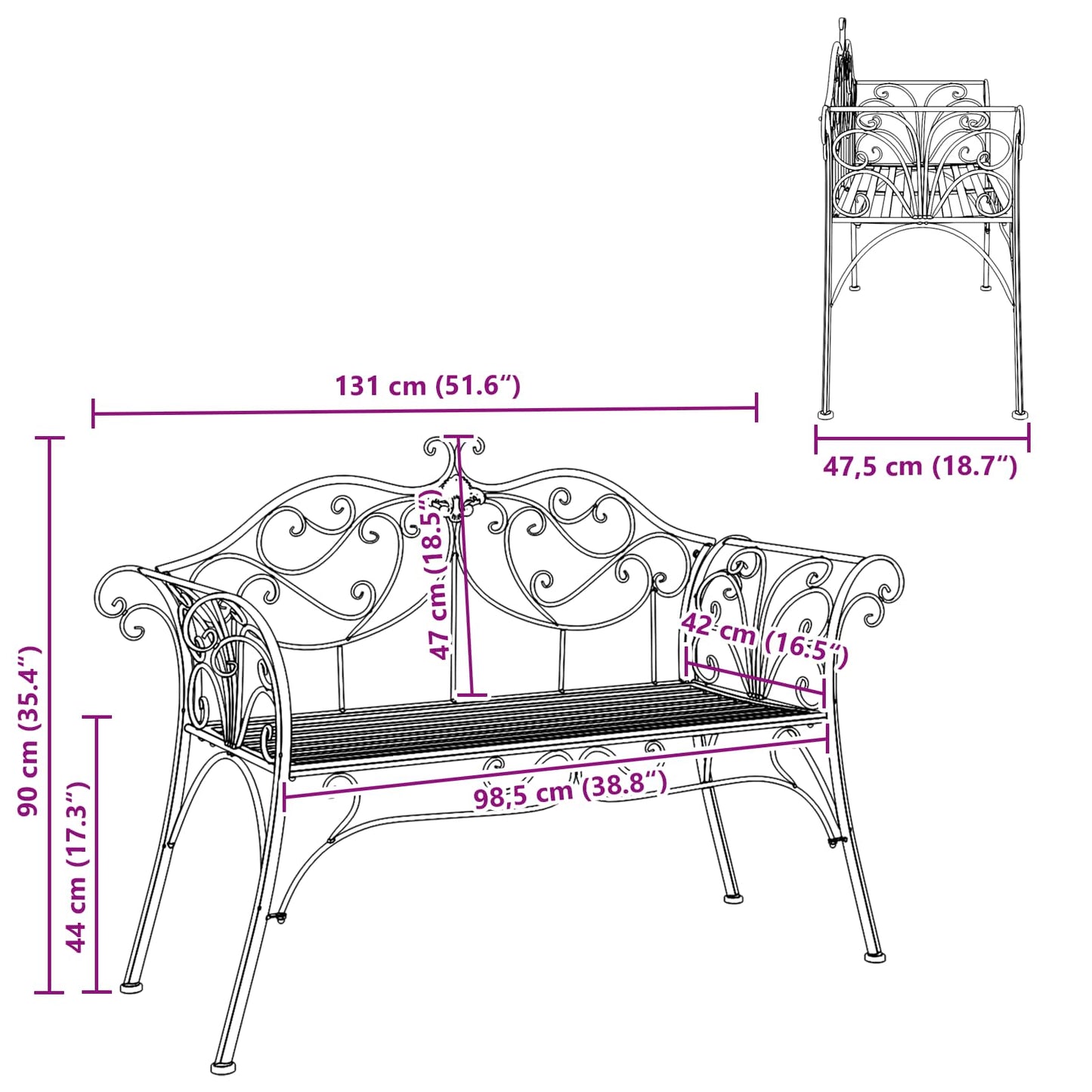 Garden Bench 2-Seater 130 x 47 x 90 cm Steel Antique White