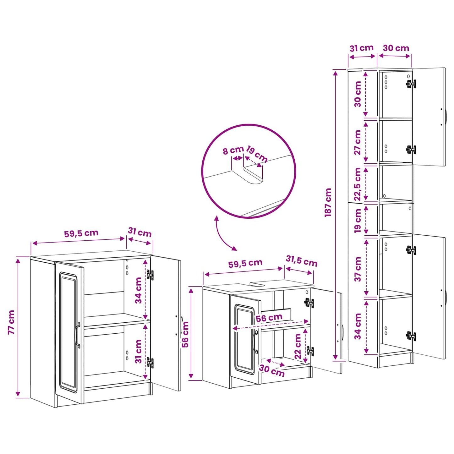 3 Piece Bathroom Cabinet Set UTRECHT Grey Sonoma