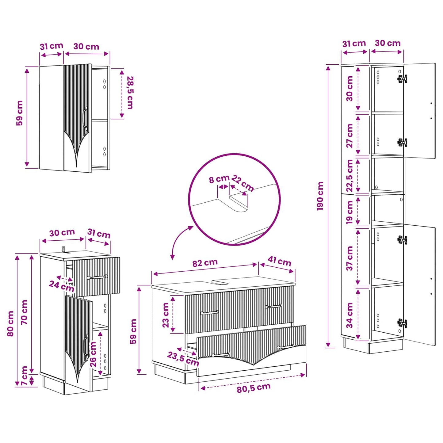 4 Piece Bathroom Cabinet Set HOORN Concrete Grey