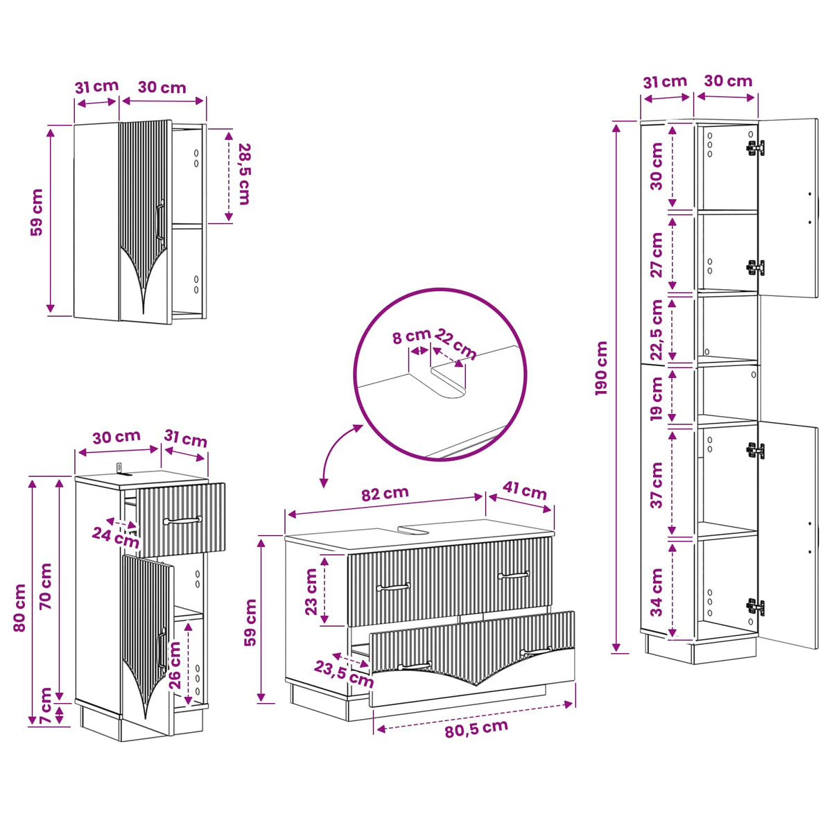 4 Piece Bathroom Cabinet Set HOORN High Gloss White