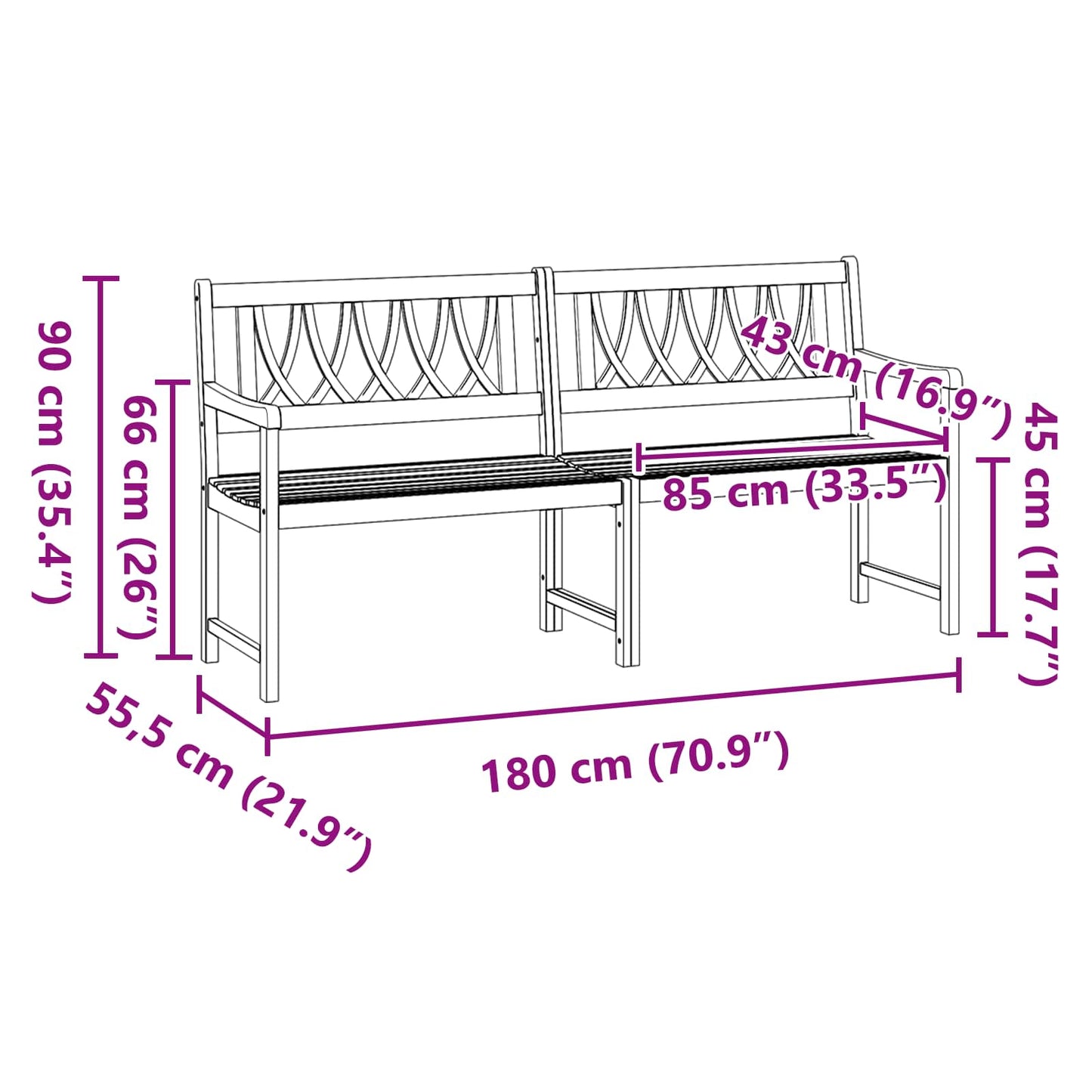 Outdoor Bench Natural 180 x 55.5 x 90 cm Solid Acacia Wood