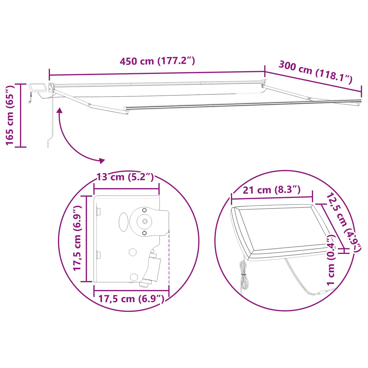 Manual Awning Frame with Solar LED 4.5 x 3 m White