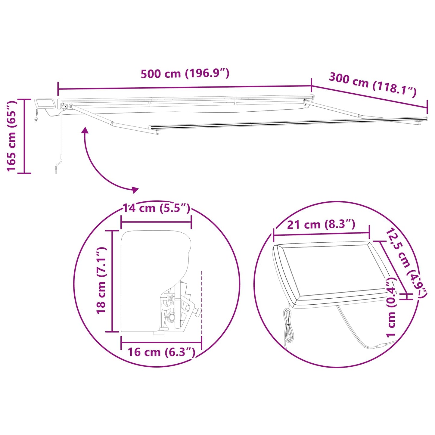 Manual Awning Frame with Solar LED 5 x 3 m White