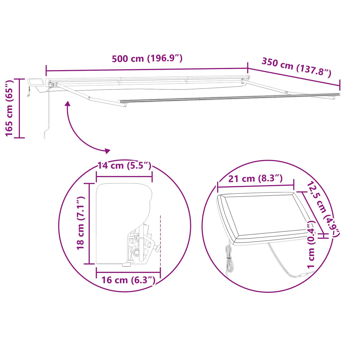 Manual Awning Frame with Solar LED 5 x 3.5 m White