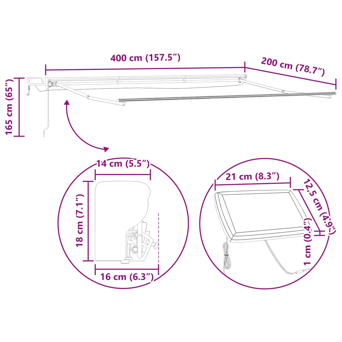 Manual Awning Frame with Solar LED 4 x 2 m Anthracite