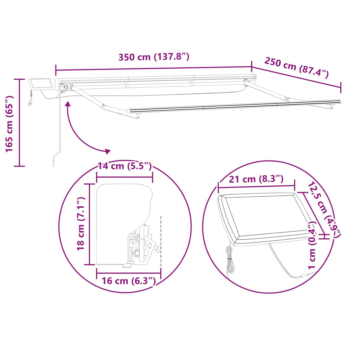 Manual Awning Frame with Solar LED 3.5 x 2.5 m Anthracite