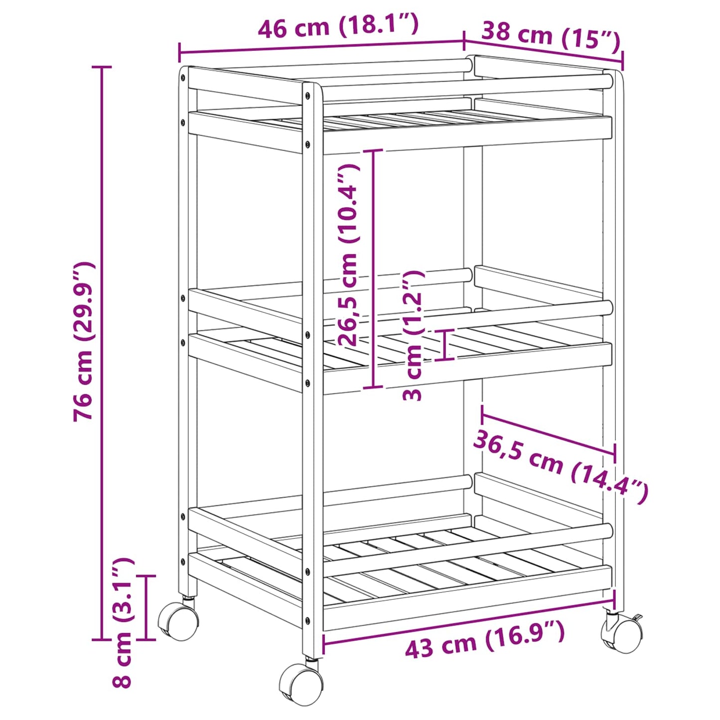 Kitchen Trolley with Wheels Natural 46 x 38 x 76 cm Bamboo