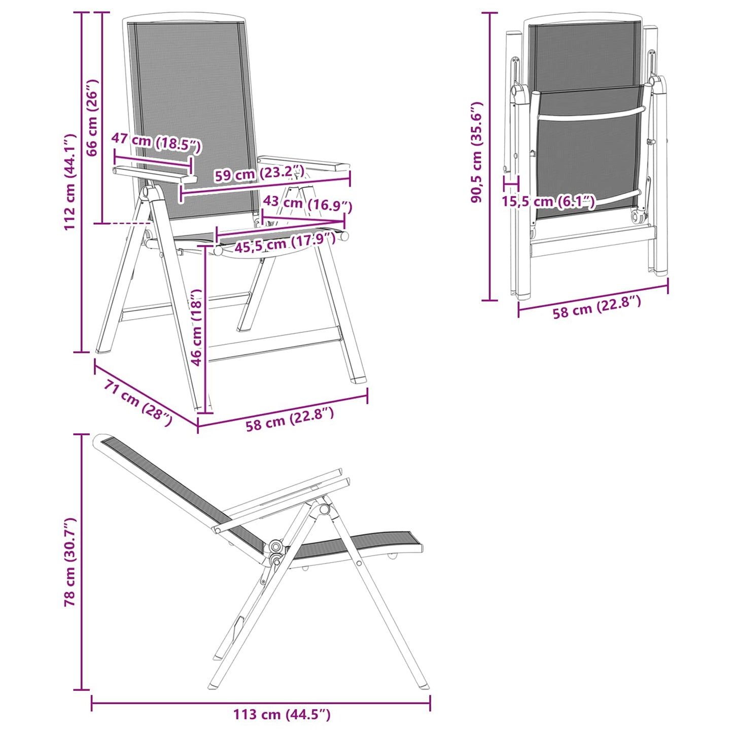 Reclining Garden Chairs 2 pcs Black 58 x 71 x 112 cm Textilene
