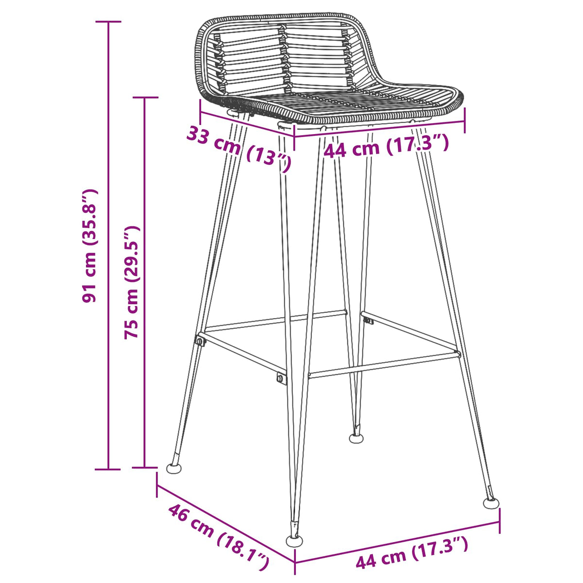 Bar Chair 44 x 46 x 91 cm Rod Iron Dia, 10mm