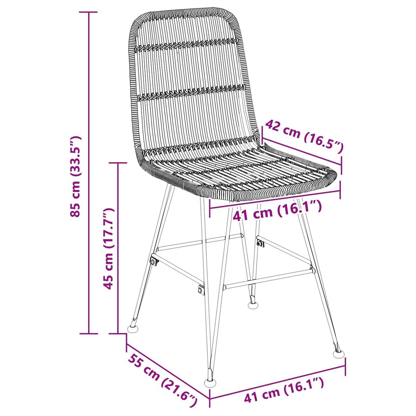 Dinning Chair 2 pcs Natural 41 x 55 x 85 cm Rattan and Steel