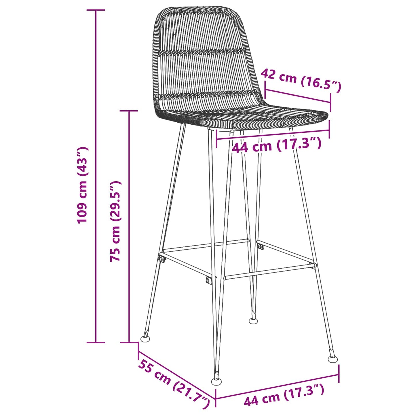 Bar Stool 2 pcs Natural 44 x 55 x 109 cm Rattan and Steel