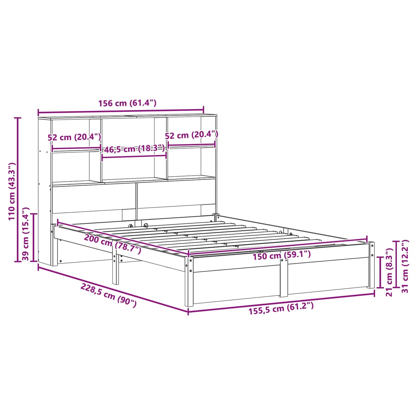 Bed Frame with Storage Headboard Wax Brown 150 x 200 cm