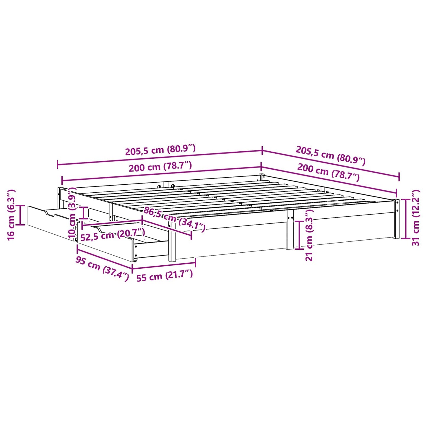 Bed Frame with Drawer Wax Brown 200 x 200 cm Solid Pine Wood