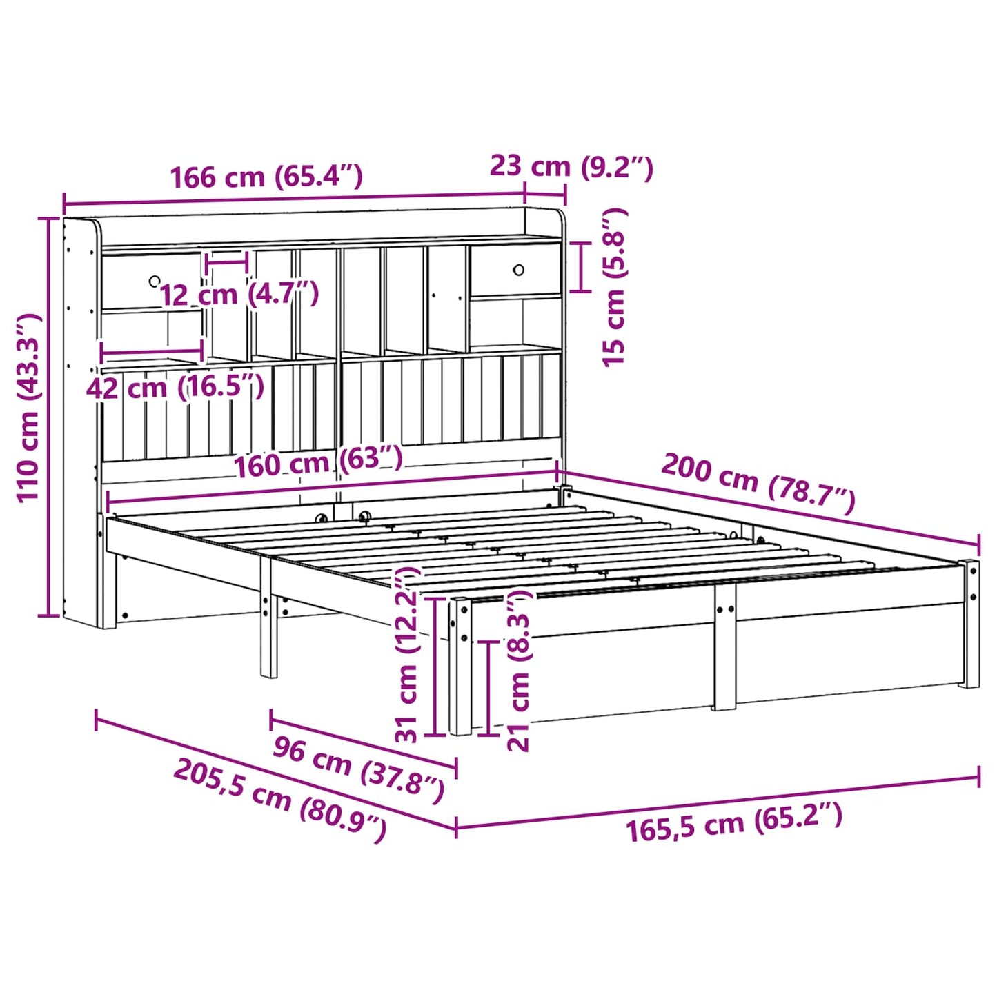 Bookcase Bed Frame Wax Brown 200 x 160 cm Solid Pine Wood