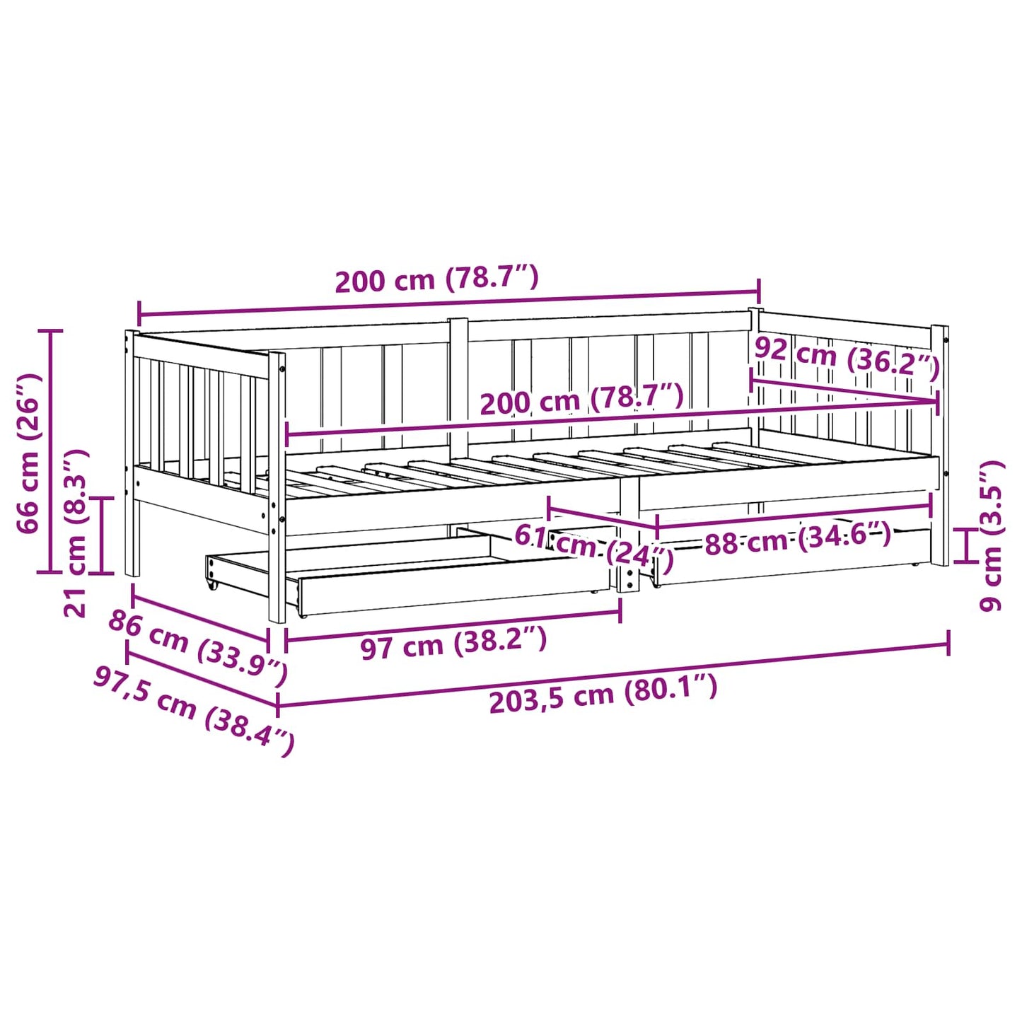 Day bed with Headboard 3 pcs Wax Brown Solid Pine Wood