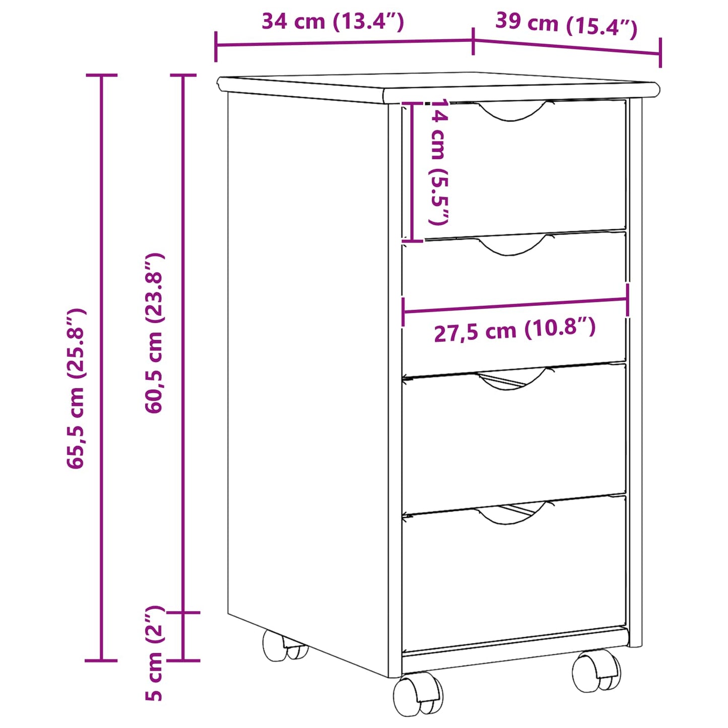 Rolling Cabinet Brown 65.5 x 34 x 39 cm Solid Pine Wood