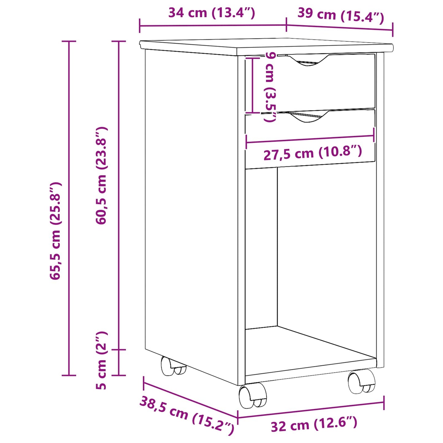 Rolling Cabinet Brown 34 x 39 x 65.5 cm Solid Pine Wood