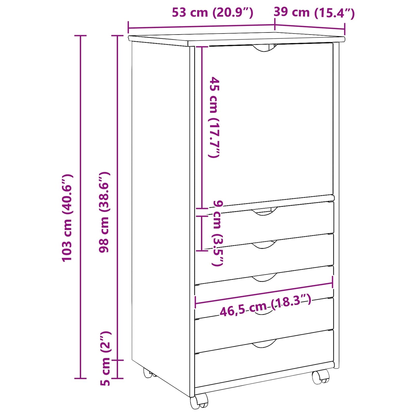 Rolling Cabinet Brown 53 x 39 x 103 cm Solid Pine Wood