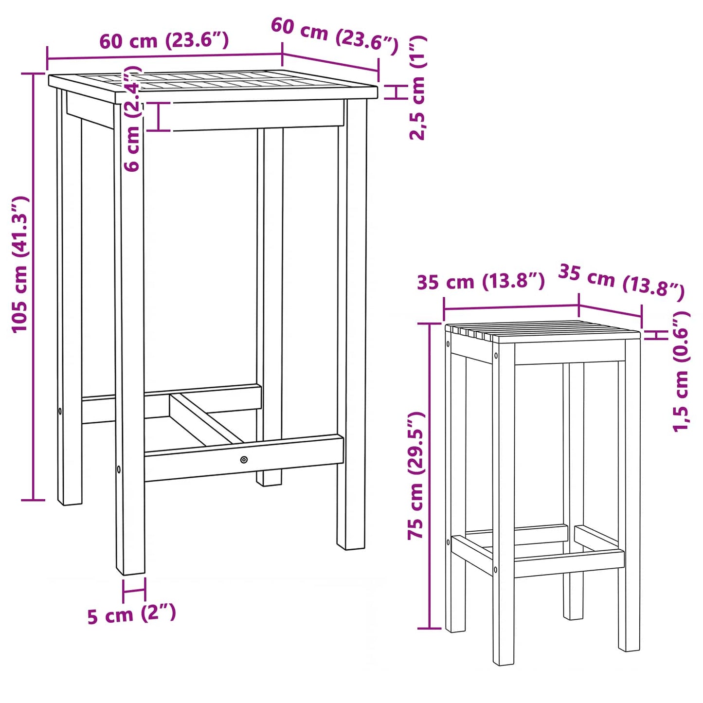Outdoor Bar Set 3 pcs Natural 60 x 60 x 105 cm Solid Teak Wood