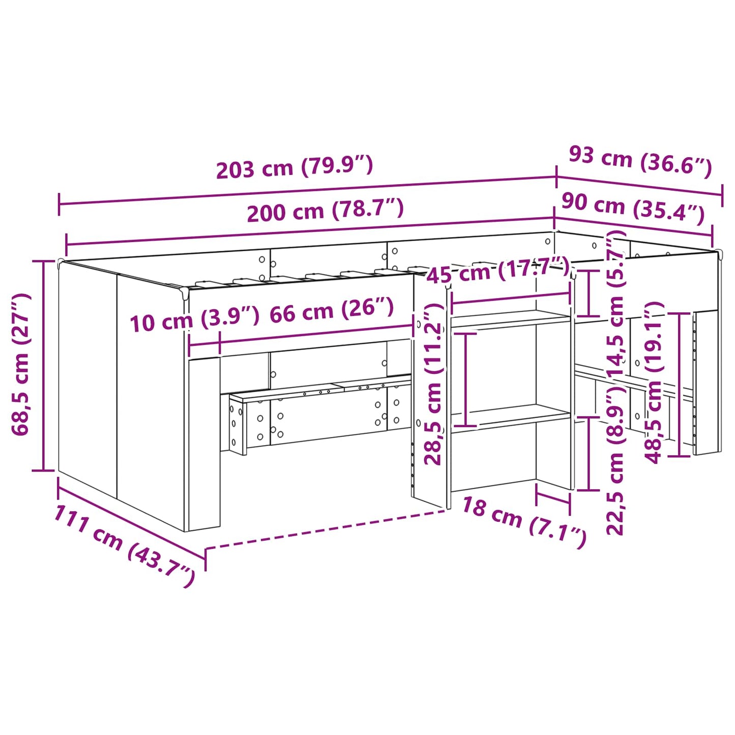 Kids'High Bed Frame 2 pcs Sonoma Oak 90 x 200 cm